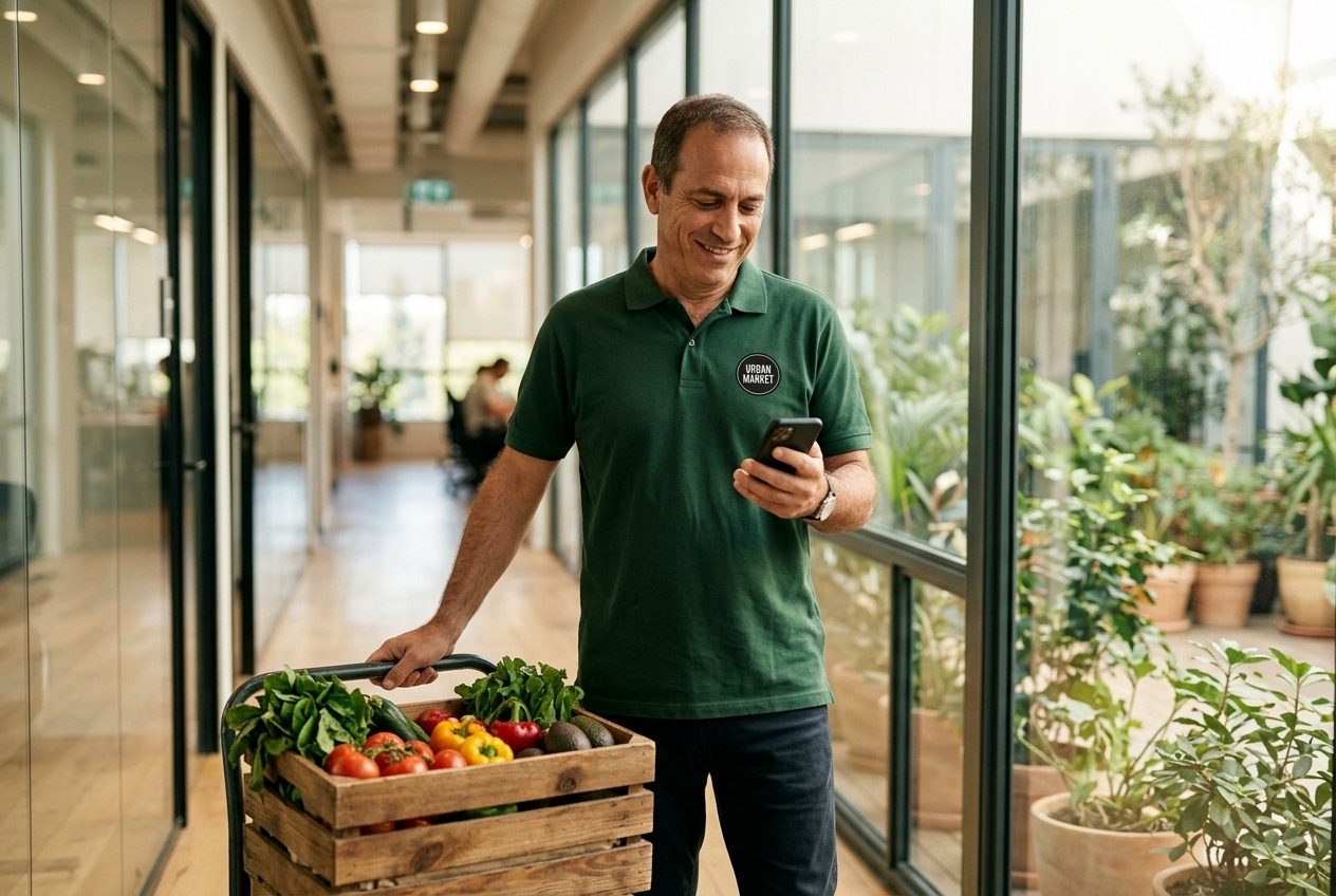 נציג Urban Market בחולצת מדים ירוקה עונה בטלפון לצד ארגז תוצרת במסדרון משרדים