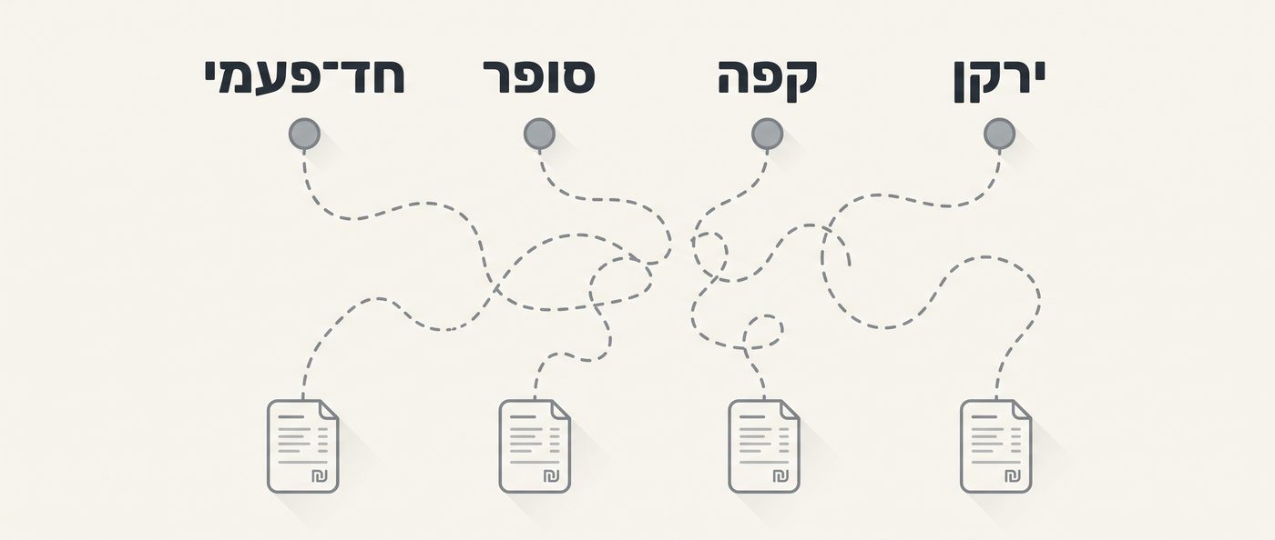 תרשים: ארבעה ספקים — ירקן, קפה, סופר וחד־פעמי — כל אחד עם קו נפרד ומפותל לחשבונית משלו