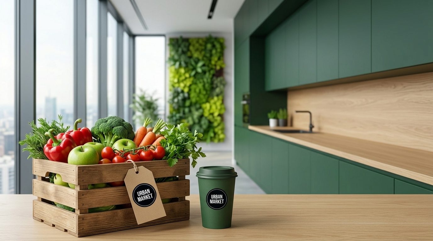 ארגז תוצרת ממותג של Urban Market שהגיע לדלפק מטבחון במשרד, לצד כוס קפה ממותגת